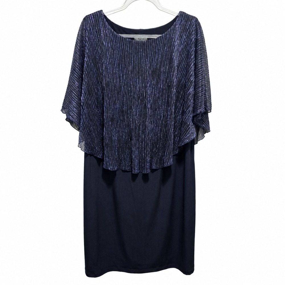 Connected Apparel Women's 14W Navy Shimmer Overlay Dress Cape Sleeve Party Midi - Picture 2 of 7